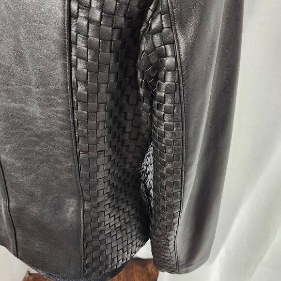 Kasper Vintage Womens Large Black 90s Genuine Leather Jacket Waffle Woven Moto - Picture 7 of 11